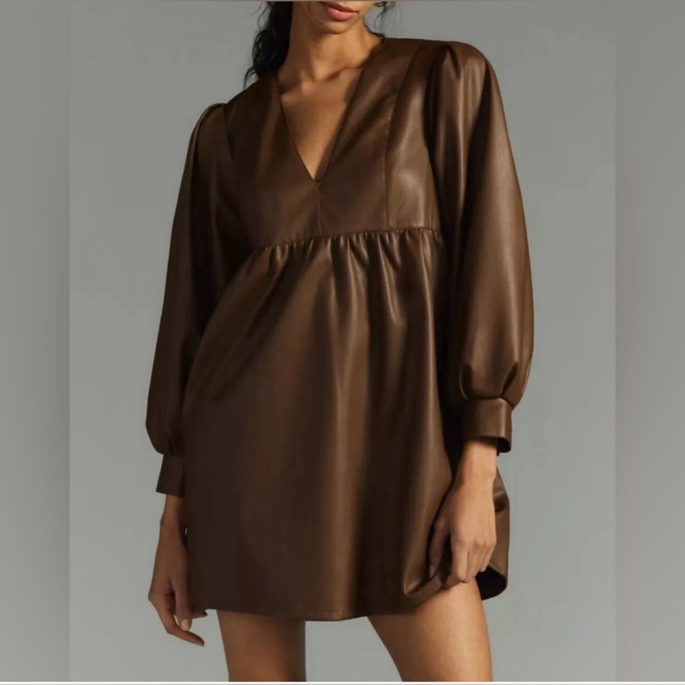 Anthropologie Brown Faux Leather Mini Dress
